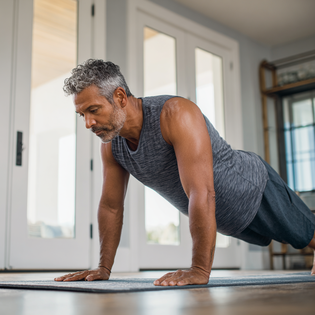 A mature man in his 50s in athletic clothing doing a plank exercise on a yoga mat in a bright, modern home setting, demonstrating proper form and concentration during home fitness routine